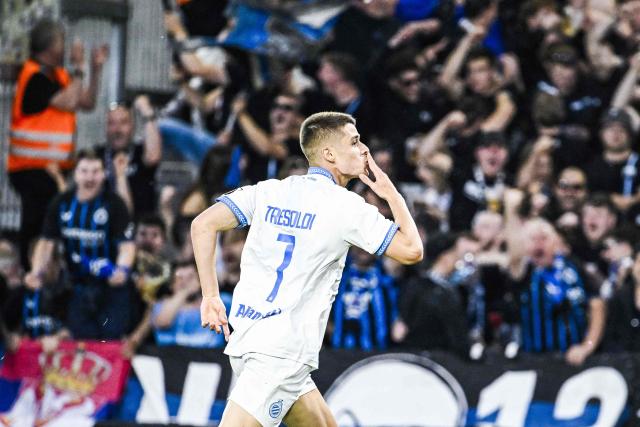 Club Brugge's Italian forward #07 Nicolo Tresoldi celebrates after scoring his team's second goal during the Belgian "Pro League" First Division football match between KV Mechelen and Club Brugge at Achter De Kazerne stadium in Mechelen on May 21, 206. (Photo by Tom Goyvaerts / BELGA / AFP) / Belgium OUT
