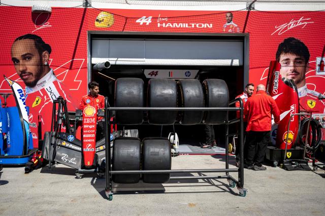 Tires in front of Ferrari's British driver Lewis Hamilton's paddock is seen before the F1 races at the Circuit Gilles-Villeneuve in Montreal, Quebec, Canada, on May 21, 2026. (Photo by ANDREJ IVANOV / AFP)