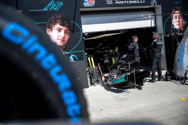 The pit crew works in front of Mercedes' Italian driver Kimi Antonelli's paddock before the F1 races at the Circuit Gilles-Villeneuve in Montreal, Quebec, Canada, on May 21, 2026. (Photo by ANDREJ IVANOV / AFP)