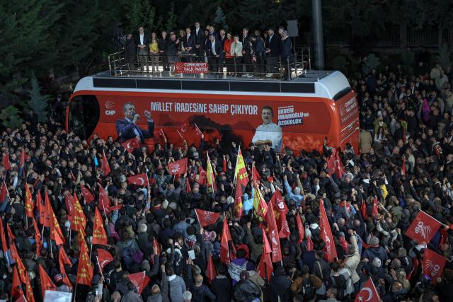 Ozgur Ozel (top C), Leader of Republican People's Party (CHP) addresses a speech at their party headquarters during a protest against allegations of vote buying at the CHP congress in November 2023, in Ankara, on May 21, 2026. An Ankara court on May 21 annulled the 2023 leadership election of Turkey's main opposition CHP party, state news agency Anadolu reported, in a sharp escalation against the country's embattled opposition. The ruling overturns the result of the leadership election that brought in current party head Ozgur Ozel -- and ordered that the party's former longterm chair, Kemal Kilicdaroglu -- who lost the election to Ozel -- take over as interim leader. (Photo by ADEM ALTAN / AFP)