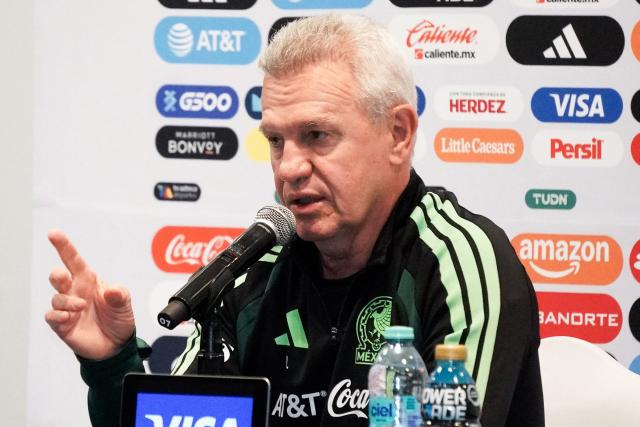 Mexico's head coach Javier Aguirre gestures as he speaks during a press conference in a hotel in Puebla, Mexico, on May 21, 2026, on the eve of their friendly match against Ghana at the Cuauhtemoc Stadium. (Photo by JOSE CASTANARES / AFP)