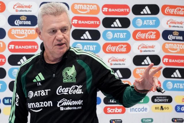 Mexico's head coach Javier Aguirre gestures during a press conference in a hotel in Puebla, Mexico, on May 21, 2026, on the eve of their friendly match against Ghana at the Cuauhtemoc Stadium. (Photo by JOSE CASTANARES / AFP)