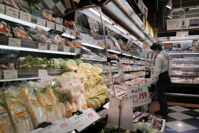 A customer looks at fresh food in a supermarket in Tokyo on May 22, 2026. (Photo by Kazuhiro NOGI / AFP)