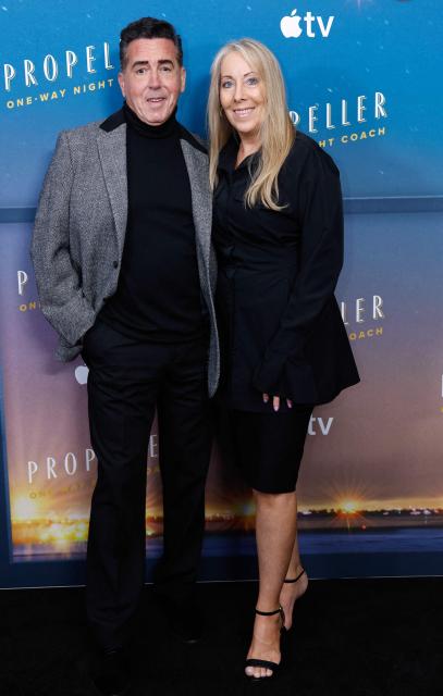 US actor Anthony Mangano and Theresa Mangano attend the New York premiere of Apple TV's "Propeller One-Way Night Coach" at The Museum of Modern Art in New York, on May 21, 2026. (Photo by kena betancur / AFP)