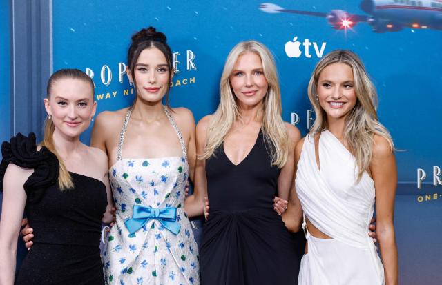 (L-R) US actresses Palmer Dernehl, Ella Bleu Travolta, German model/actress Olga Hoffmann and US actress Alina Rose Armstrong attend the New York premiere of Apple TV's "Propeller One-Way Night Coach" at The Museum of Modern Art in New York, on May 21, 2026. (Photo by kena betancur / AFP)