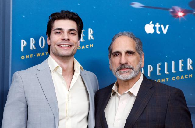 US actor Alec James Polemeni and his father film producer David Polemeni attend the New York premiere of Apple TV's "Propeller One-Way Night Coach" at The Museum of Modern Art in New York, on May 21, 2026. (Photo by kena betancur / AFP)