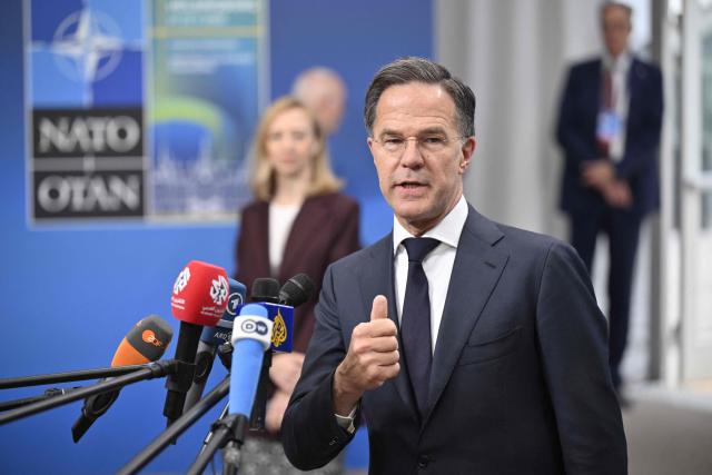 NATO Secretary General Mark Rutte answers journalists' questions as he arrives at the NATO Foreign Ministers' meeting at Sea U in Helsingborg on May 22, 2026. Foreign ministers of the 32 NATO member states gathered in the Swedish city to finalise preparations for the upcoming Ankara Summit. (Photo by Johan Nilsson/TT / various sources / AFP) / Sweden OUT