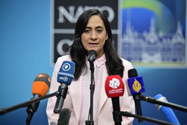 Canadian Foreign Minister Anita Anand answers journalists' questions as she arrives at the NATO Foreign Ministers' meeting at the Clarion Hotel Sea U in Helsingborg on May 22, 2026. Foreign ministers of the 32 NATO member states gathered in the Swedish city to finalise preparations for the upcoming Ankara Summit. (Photo by Johan Nilsson/TT / various sources / AFP) / Sweden OUT