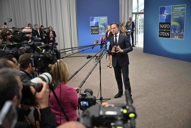 NATO Secretary General Mark Rutte answers journalists' questions as he arrives at the NATO Foreign Ministers' meeting at Sea U in Helsingborg on May 22, 2026. Foreign ministers of the 32 NATO member states gathered in the Swedish city to finalise preparations for the upcoming Ankara Summit. (Photo by Johan Nilsson/TT / various sources / AFP) / Sweden OUT