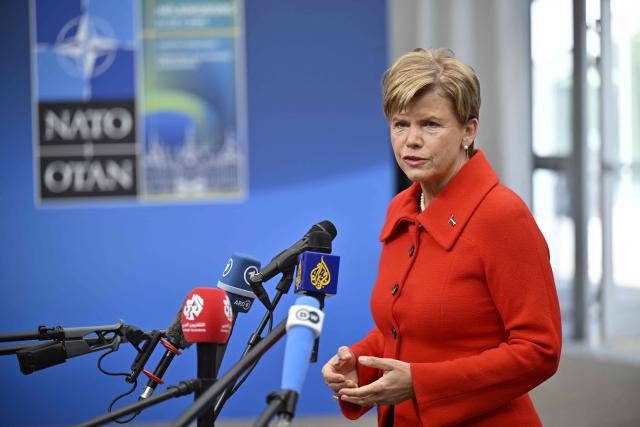 Latvian Foreign Minister Baiba Braћe makes a statement to the press as she arrives at the NATO Foreign Ministers' meeting at the Clarion Hotel Sea U in Helsingborg on May 22, 2026. Foreign ministers of the 32 NATO member states gathered in the Swedish city to finalise preparations for the upcoming Ankara Summit. (Photo by Johan Nilsson/TT / various sources / AFP) / Sweden OUT
