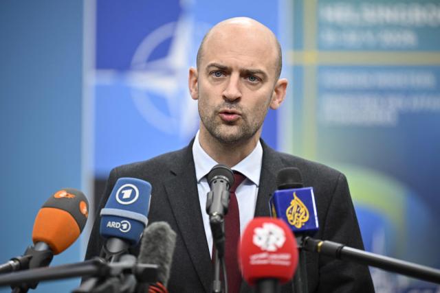 French Foreign Minister Jean-Noel Barrot makes a statement to the press as he arrives at the NATO Foreign Ministers' meeting at the Clarion Hotel Sea U in Helsingborg on May 22, 2026. Foreign ministers of the 32 NATO member states gathered in the Swedish city to finalise preparations for the upcoming Ankara Summit. (Photo by Johan Nilsson/TT / various sources / AFP) / Sweden OUT