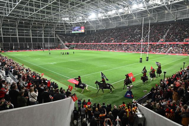 The Crusaders horsemen take part in their traditional pre-game parade prior to the Super Rugby Pacific match between the Crusaders and Chiefs at One New Zealand Stadium in Christchurch on May 22, 2026. (Photo by Sanka VIDANAGAMA / AFP)