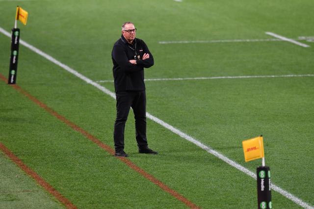 Chiefs' coach Jono Gibbes looks on during the Super Rugby Pacific match between the Crusaders and Chiefs at One New Zealand Stadium in Christchurch on May 22, 2026. (Photo by Sanka Vidanagama / AFP)