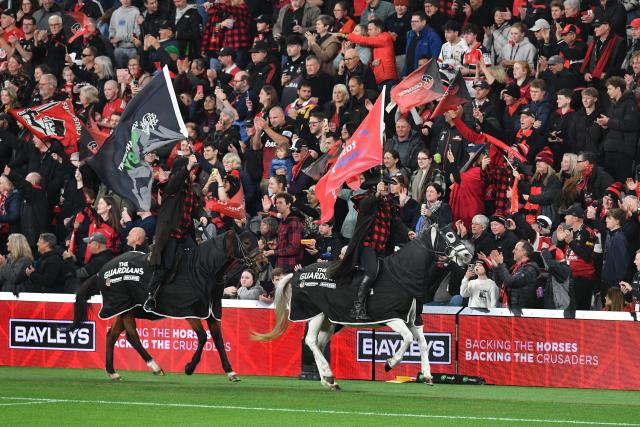 The Crusaders horsemen take part in their traditional pre-game parade prior to the Super Rugby Pacific match between the Crusaders and Chiefs at One New Zealand Stadium in Christchurch on May 22, 2026. (Photo by Sanka Vidanagama / AFP)