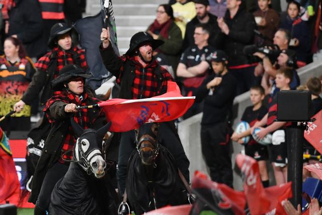 The Crusaders horsemen take part in their traditional pre-game parade prior to the Super Rugby Pacific match between the Crusaders and Chiefs at One New Zealand Stadium in Christchurch on May 22, 2026. (Photo by Sanka Vidanagama / AFP)