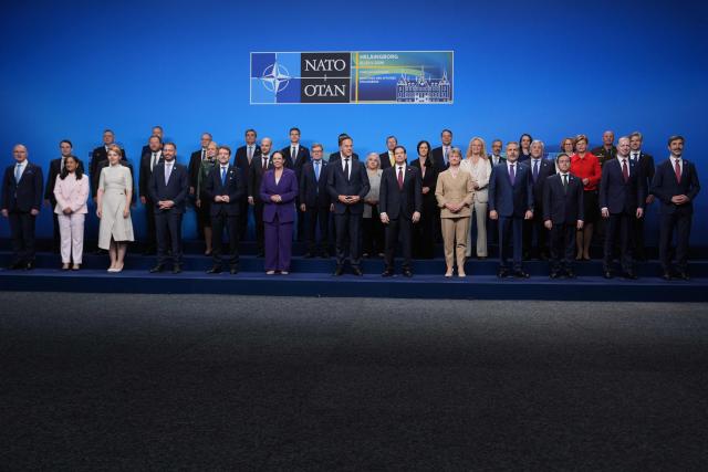 NATO Secretary General Mark Rutte (C), US Secretary of State Marco Rubio (C-R), Sweden's Foreign Minister Maria Malmer Stenergard (C-L) and participants pose for a family photo at the NATO Foreign Ministers' meeting in Helsingborg, Sweden, on May 22, 2026. Foreign ministers of the 32 NATO member states gathered in the Swedish city to finalise preparations for the upcoming Ankara Summit. (Photo by Julia Demaree Nikhinson / POOL / AFP) / Sweden OUT