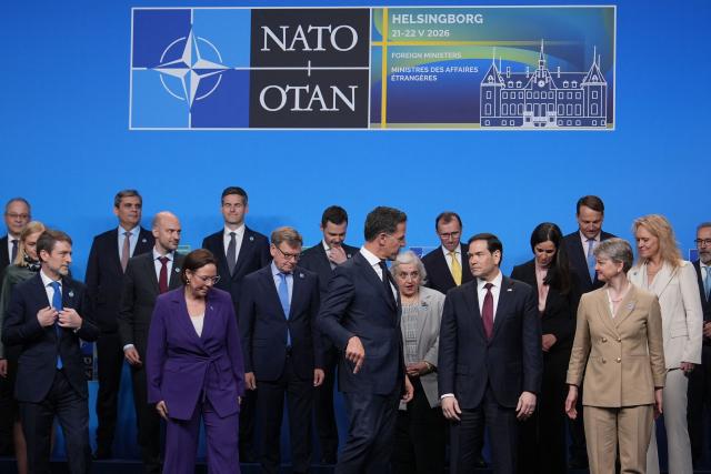 NATO Secretary General Mark Rutte (C), US Secretary of State Marco Rubio (C-R), Sweden's Foreign Minister Maria Malmer Stenergard (C-L) and participants take their positions to pose for a family photo at the NATO Foreign Ministers' meeting in Helsingborg, Sweden, on May 22, 2026. Foreign ministers of the 32 NATO member states gathered in the Swedish city to finalise preparations for the upcoming Ankara Summit. (Photo by Julia Demaree Nikhinson / POOL / AFP) / Sweden OUT