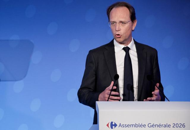 Carrefour Chief Financial Officer Matthieu Malige speaks during the General Assembly of French multinational retail and wholesaling corporation Carrefour, at their headquarters in Massy, in the outskirts of Paris on May 22, 2026. (Photo by STEPHANE DE SAKUTIN / AFP)