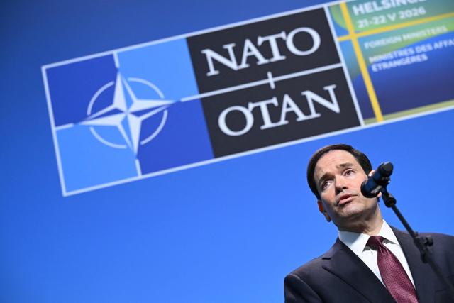 US Secretary of State Marco Rubio gives remarks at the NATO Foreign Ministers' meeting in Helsingborg, Sweden, on May 22, 2026. Foreign ministers of the 32 NATO member states gathered in the Swedish city to finalise preparations for the upcoming Ankara Summit. (Photo by Jonathan Nackstrand / AFP)