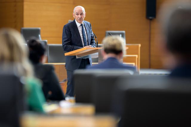 Right-wing Slovenian Democratic Party (SDS) leader Janez Jansa addresses members of the National Assembly ahead of his investiture vote as Prime minister in Ljubljana on May 22, 2026. Jansa, 67, said on May 18, 2026 his Slovenian Democratic Party (SDS) had reached a coalition deal with two centre-right parties -- Christian democratic party Nova Slovenija and his former close ally Anze Logar's Democrats -- giving them 43 out of 90 seats in parliament. If confirmed, Jansa would begin a fourth term as prime minister, two months after Slovenia's inconclusive March 22 parliamentary election in which his party and outgoing Prime Minister Robert Golob's Freedom Movement finished virtually tied. (Photo by Jure Makovec / AFP)
