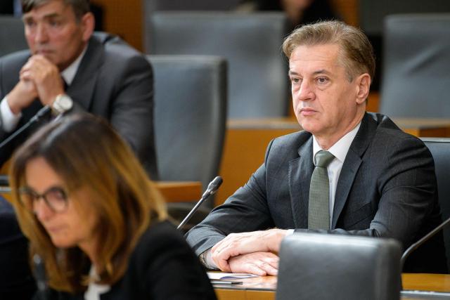 Freedom Movement (Gibanje Svoboda) leader and outgoing Slovenian Prime Minister Robert Golob looks on in the National Assembly ahead of the investiture vote for a new prime minister in Ljubljana on May 22, 2026. (Photo by Jure Makovec / AFP)