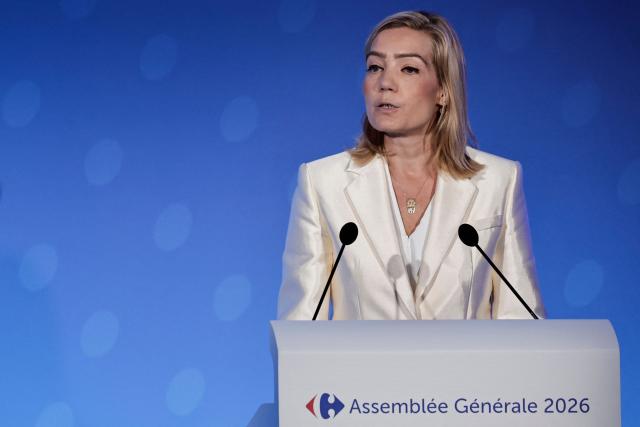 Carrefour Chief Impact Officer Carine Kraus speaks during the General Assembly of French multinational retail and wholesaling corporation Carrefour, at their headquarters in Massy, in the outskirts of Paris on May 22, 2026. (Photo by STEPHANE DE SAKUTIN / AFP)