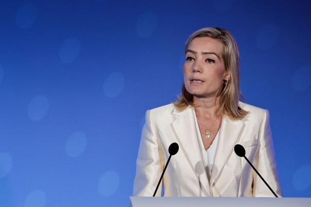 Carrefour Chief Impact Officer Carine Kraus speaks during the General Assembly of French multinational retail and wholesaling corporation Carrefour, at their headquarters in Massy, in the outskirts of Paris on May 22, 2026. (Photo by STEPHANE DE SAKUTIN / AFP)