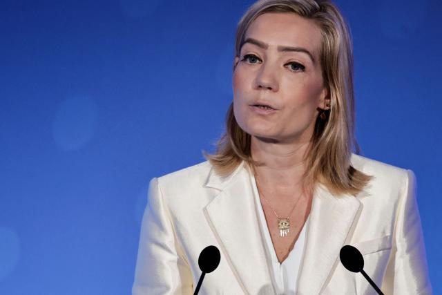 Carrefour Chief Impact Officer Carine Kraus speaks during the General Assembly of French multinational retail and wholesaling corporation Carrefour, at their headquarters in Massy, in the outskirts of Paris on May 22, 2026. (Photo by STEPHANE DE SAKUTIN / AFP)