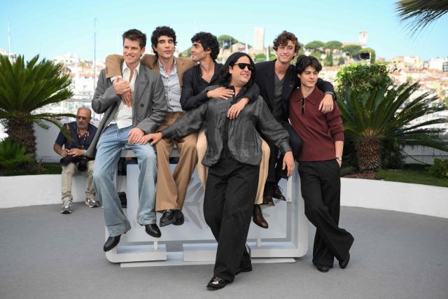 (From L) Spanish actor Miguel Bernardeau, Spanish director, screenwriter and producer Javier Calvo, Spanish director, screenwriter and producer Javier Ambrossi, Spanish actor Carlos Gonzalez, Spanish singer-songwriter and guitarist Alvaro Lafuente Calvo and Spanish actor Milo Quifes attend a press conference for the film "La Bola Negra" at the 79th edition of the Cannes Film Festival in Cannes, southern France on May 22, 2026. (Photo by Olivier CHASSIGNOLE / AFP)