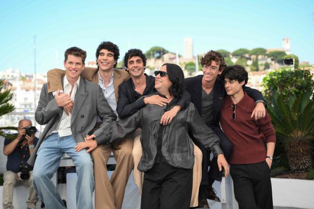 (From L) Spanish actor Miguel Bernardeau, Spanish director, screenwriter and producer Javier Calvo, Spanish director, screenwriter and producer Javier Ambrossi, Spanish actor Carlos Gonzalez, Spanish singer-songwriter and guitarist Alvaro Lafuente Calvo and Spanish actor Milo Quifes attend a press conference for the film "La Bola Negra" at the 79th edition of the Cannes Film Festival in Cannes, southern France on May 22, 2026. (Photo by Olivier CHASSIGNOLE / AFP)
