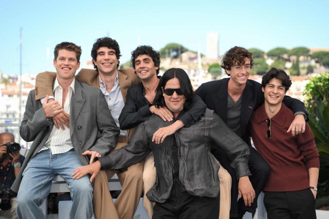 (From L) Spanish actor Miguel Bernardeau, Spanish director, screenwriter and producer Javier Calvo, Spanish director, screenwriter and producer Javier Ambrossi, Spanish actor Carlos Gonzalez, Spanish singer-songwriter and guitarist Alvaro Lafuente Calvo and Spanish actor Milo Quifes attend a press conference for the film "La Bola Negra" at the 79th edition of the Cannes Film Festival in Cannes, southern France on May 22, 2026. (Photo by Olivier CHASSIGNOLE / AFP)