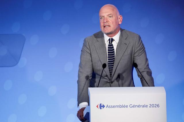 Carrefour Secretary General and Executive Director of the Northern Europe region Laurent Vallee speaks during the General Assembly of French multinational retail and wholesaling corporation Carrefour, at their headquarters in Massy, in the outskirts of Paris on May 22, 2026. (Photo by STEPHANE DE SAKUTIN / AFP)