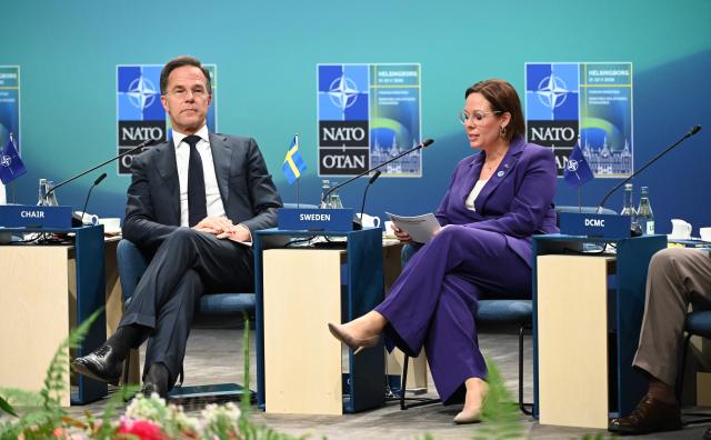 NATO Secretary General Mark Rutte (L) and Sweden's Foreign Minister Maria Malmer Stenergard attend a panel at the NATO Foreign Ministers' meeting in Helsingborg, Sweden, on May 22, 2026. Foreign ministers of the 32 NATO member states gathered in the Swedish city to finalise preparations for the upcoming Ankara Summit. (Photo by Jonathan Nackstrand / AFP)
