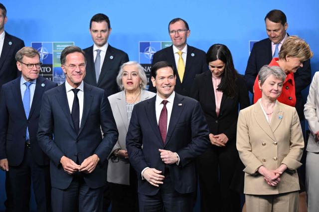 (First row, L-R) NATO Secretary General Mark Rutte, US Secretary of State Marco Rubio, British Foreign Secretary Yvette Cooper and other participants pose for a family photo at the NATO Foreign Ministers' meeting in Helsingborg, Sweden, on May 22, 2026. Foreign ministers of the 32 NATO member states gathered in the Swedish city to finalise preparations for the upcoming Ankara Summit. (Photo by Jonathan Nackstrand / AFP)