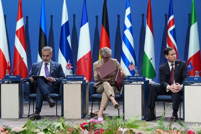 (L-R) Turkey's Minister for Foreign Affairs Hakan Fidan, Britain's Foreign Secretary Yvette Cooper and US Secretary of State Marco Rubio attend a panel at the NATO Foreign Ministers' meeting in Helsingborg, Sweden, on May 22, 2026. Foreign ministers of the 32 NATO member states gathered in the Swedish city to finalise preparations for the upcoming Ankara Summit. (Photo by Julia Demaree Nikhinson / POOL / AFP)