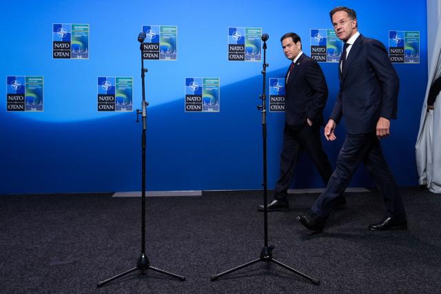 NATO Secretary General Mark Rutte (R) and US Secretary of State Marco Rubio arrive ahead giving remarks at the NATO Foreign Ministers' meeting in Helsingborg, Sweden, on May 22, 2026. Foreign ministers of the 32 NATO member states gathered in the Swedish city to finalise preparations for the upcoming Ankara Summit. (Photo by Julia Demaree Nikhinson / POOL / AFP)