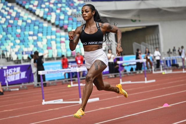 USA's Sha'Carri Richardson trains one day ahead of the Diamond League Xiamen athletics meeting at Egret Stadium in Xiamen, in China’s eastern Fujian province on May 22, 2026. (Photo by Jade GAO / AFP)