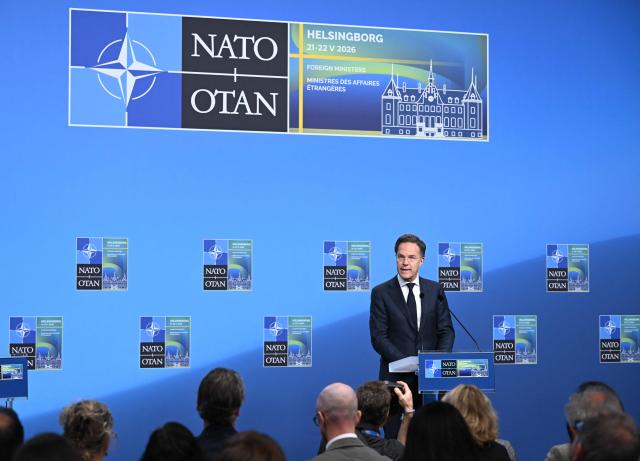 NATO Secretary General Mark Rutte attends a press conference at the NATO Foreign Ministers' meeting in Helsingborg on May 22, 2026. Foreign ministers of the 32 NATO member states gathered in the Swedish city to finalise preparations for the upcoming Ankara Summit. (Photo by Jonathan Nackstrand / AFP)