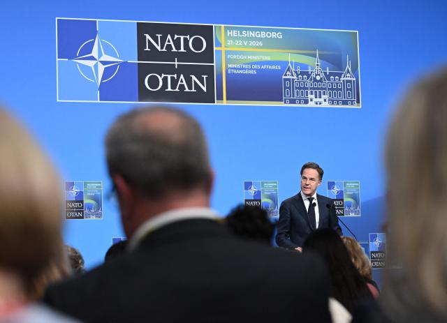 NATO Secretary General Mark Rutte attends a press conference at the NATO Foreign Ministers' meeting in Helsingborg on May 22, 2026. Foreign ministers of the 32 NATO member states gathered in the Swedish city to finalise preparations for the upcoming Ankara Summit. (Photo by Jonathan Nackstrand / AFP)