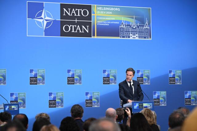 NATO Secretary General Mark Rutte attends a press conference at the NATO Foreign Ministers' meeting in Helsingborg on May 22, 2026. Foreign ministers of the 32 NATO member states gathered in the Swedish city to finalise preparations for the upcoming Ankara Summit. (Photo by Jonathan Nackstrand / AFP)