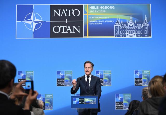 NATO Secretary General Mark Rutte attends a press conference at the NATO Foreign Ministers' meeting in Helsingborg on May 22, 2026. Foreign ministers of the 32 NATO member states gathered in the Swedish city to finalise preparations for the upcoming Ankara Summit. (Photo by Jonathan Nackstrand / AFP)