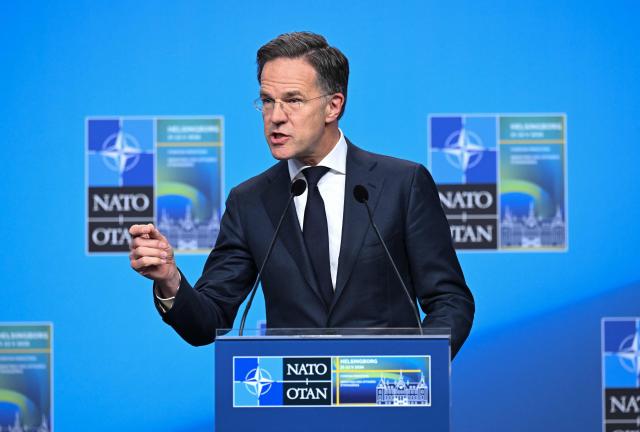 NATO Secretary General Mark Rutte attends a press conference at the NATO Foreign Ministers' meeting in Helsingborg on May 22, 2026. Foreign ministers of the 32 NATO member states gathered in the Swedish city to finalise preparations for the upcoming Ankara Summit. (Photo by Jonathan Nackstrand / AFP)
