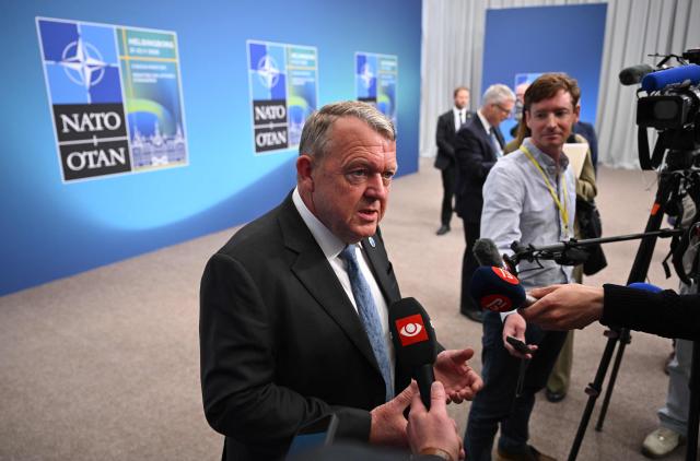 Denmark's Minister for Foreign Affairs Lars Rasmussen talks to journalists during the NATO Foreign Ministers' meeting in Helsingborg on May 22, 2026. Foreign ministers of the 32 NATO member states gathered in the Swedish city to finalise preparations for the upcoming Ankara Summit. (Photo by Jonathan Nackstrand / AFP)