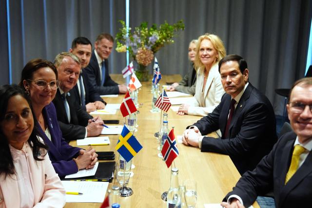 Iceland’s Foreign Minister Katrin Gunnarsdottir (3R), US Secretary of State Marco Rubio (2R) and Norway’s Foreign Minister Espen Barth Eide (R) pose with from left, Canada’s Foreign Minister Anita Anand, Sweden’s Foreign Minister Maria Malmer Stenergard and Denmark’s Foreign Minister Lars Lokke Rasmussen during a meeting of the Arctic 7 on the sidelines of the NATO Foreign Ministers' meeting in Helsingborg, Sweden, on May 22, 2026. Foreign ministers of the 32 NATO member states gathered in the Swedish city to finalise preparations for the upcoming Ankara Summit. (Photo by Julia Demaree Nikhinson / POOL / AFP)