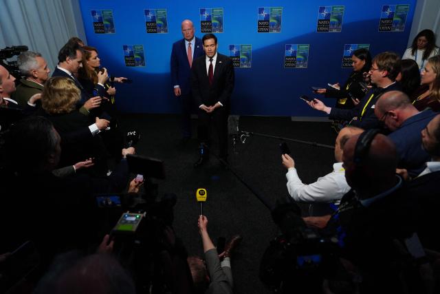 United States Secretary of State Marco Rubio speaks with journalists during a meeting of NATO foreign ministers in Helsingborg, Sweden, on May 22, 2026. Foreign ministers of the 32 NATO member states gathered in the Swedish city to finalise preparations for the upcoming Ankara Summit. (Photo by Julia Demaree Nikhinson / POOL / AFP)