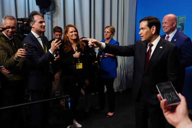 United States Secretary of State Marco Rubio speaks with journalists during a meeting of NATO foreign ministers in Helsingborg, Sweden, on May 22, 2026. Foreign ministers of the 32 NATO member states gathered in the Swedish city to finalise preparations for the upcoming Ankara Summit. (Photo by Julia Demaree Nikhinson / POOL / AFP)