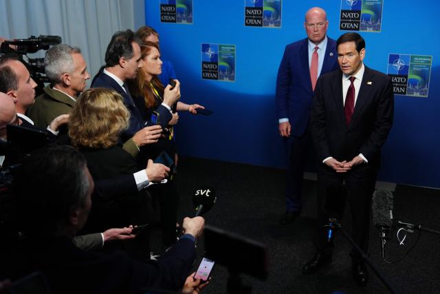 United States Secretary of State Marco Rubio (R) speaks with journalists during a meeting of NATO foreign ministers in Helsingborg, Sweden, on May 22, 2026. Foreign ministers of the 32 NATO member states gathered in the Swedish city to finalise preparations for the upcoming Ankara Summit. (Photo by Julia Demaree Nikhinson / POOL / AFP)