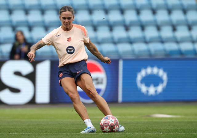 Barcelona's Spanish defender #04 Maria Pilar Leon attends a training session on the eve of the UEFA Women's Chanmpions League final at the Ullevaal Stadium in Oslo, Norway on May 22, 2026. Barcelona face Olympique Lyonnais (OL) in the UEFA Women's Chanmpions League final in Oslo on May 23, 2026. (Photo by Odd ANDERSEN / AFP)
