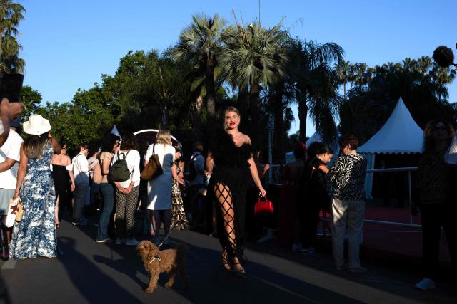 A festival-goer in evening attire walks with a dog on the Boulevard de la Croisette during the 79th edition of the Cannes Film Festival in Cannes, southern France, on May 22, 2026. (Photo by Anna KURTH / AFP)