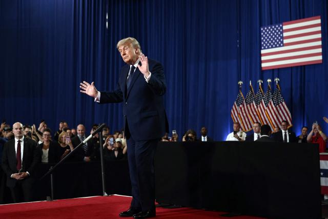 US President Donald Trump reacts after speaking about the economy during an event at Rockland Community College Fieldhouse in Suffern, New York, on May 22, 2026. Trump is the first sitting president to visit the northern New York City suburbs since Gerald Ford in 1976. (Photo by Brendan SMIALOWSKI / AFP)